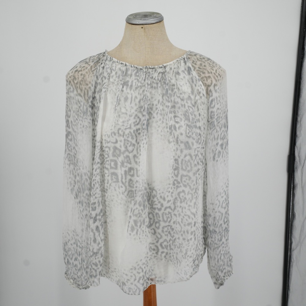 Viola Borghi Silk Blouse Womens M White Gray Leopard Print Italian Sheer Top